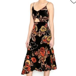 Floral Velvet Midi Dress with cut out detail